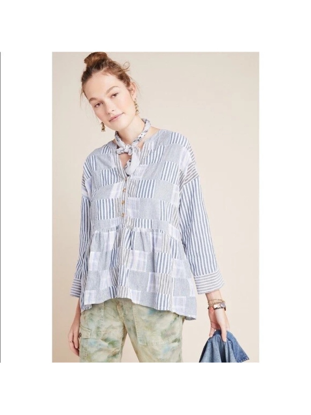 Anthropologie Maeve Stripe Patchwork Swing Shirt Henley Zoe Linen Top Blue Sz S - Picture 14 of 14